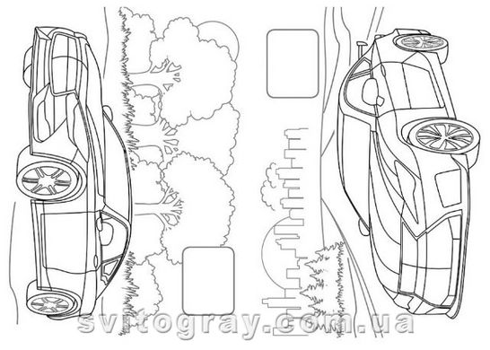 Малюй та розфарбовуй за зразком. Спортивні автомобілі (наліпка-зразок)